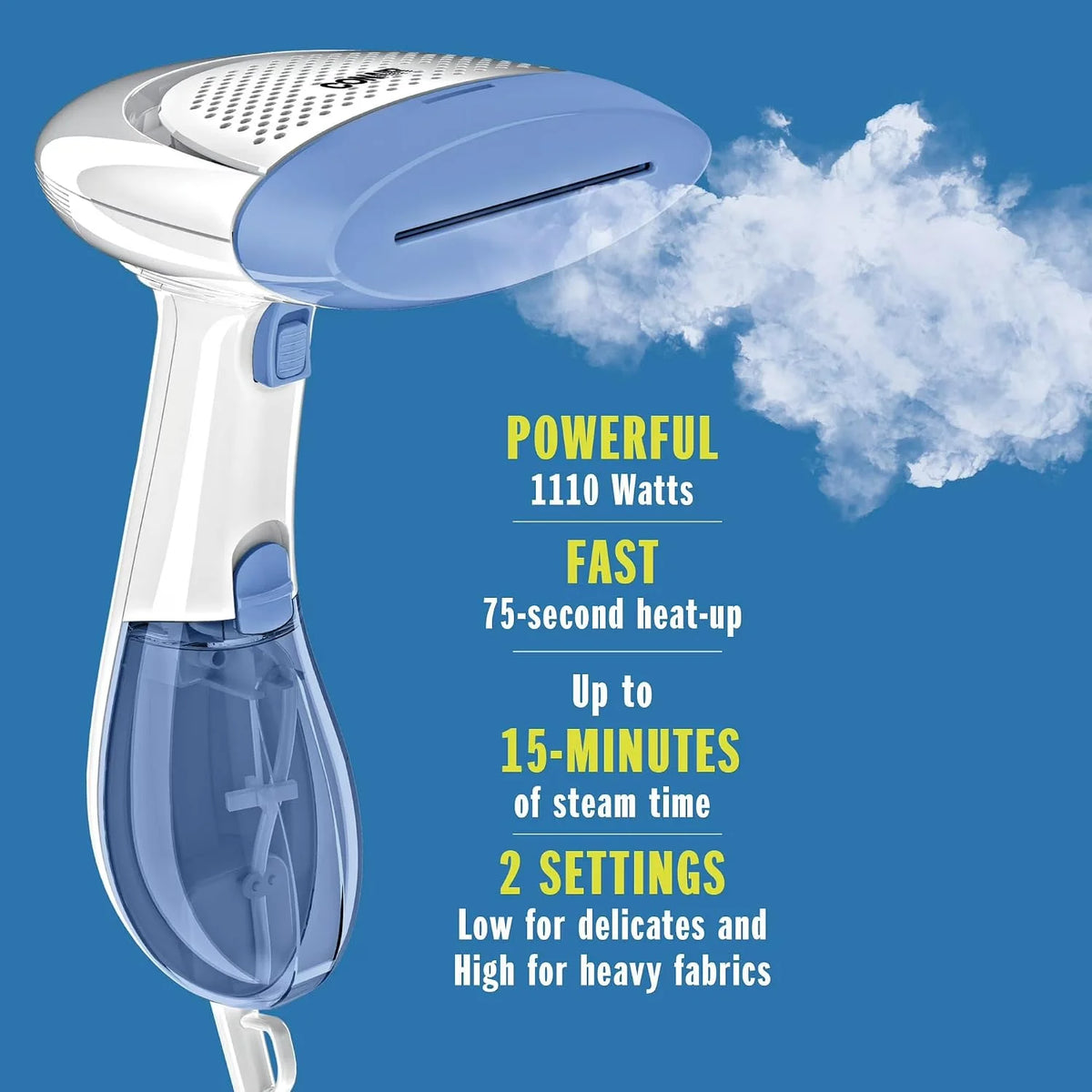 Conair Handheld Garment Steamer for Clothes, Fabric Steamer with ExtremeSteam Technology, Dual Heat Settings, Quick 40-Second Heat Up, White/Blue, GS237RXWM