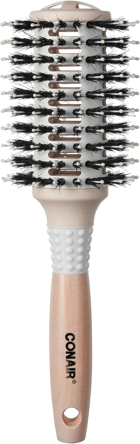 Conair Ceramic and Wood Round Hair Brush with Vented Barrel, Mixed Boar Bristles, Large Barrel for Smooth, Shiny Blowouts, Off White