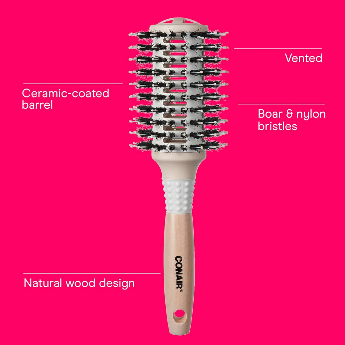 Conair Ceramic and Wood Round Hair Brush with Vented Barrel, Mixed Boar Bristles, Large Barrel for Smooth, Shiny Blowouts, Off White