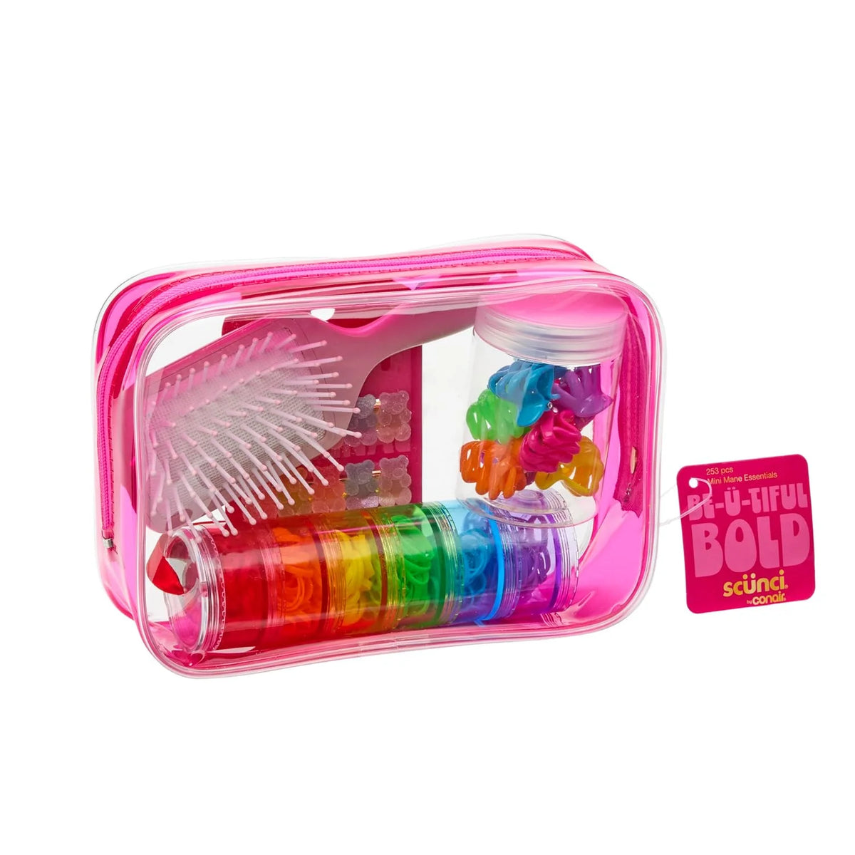 Scunci by Conair Hair Accessories Kit for Women, Hair Clips, Hair Ties & Mini Hair Brush Set, Travel Hair Essentials with Rainbow Polybands & Clear-Sided Storage Pouch, Pink