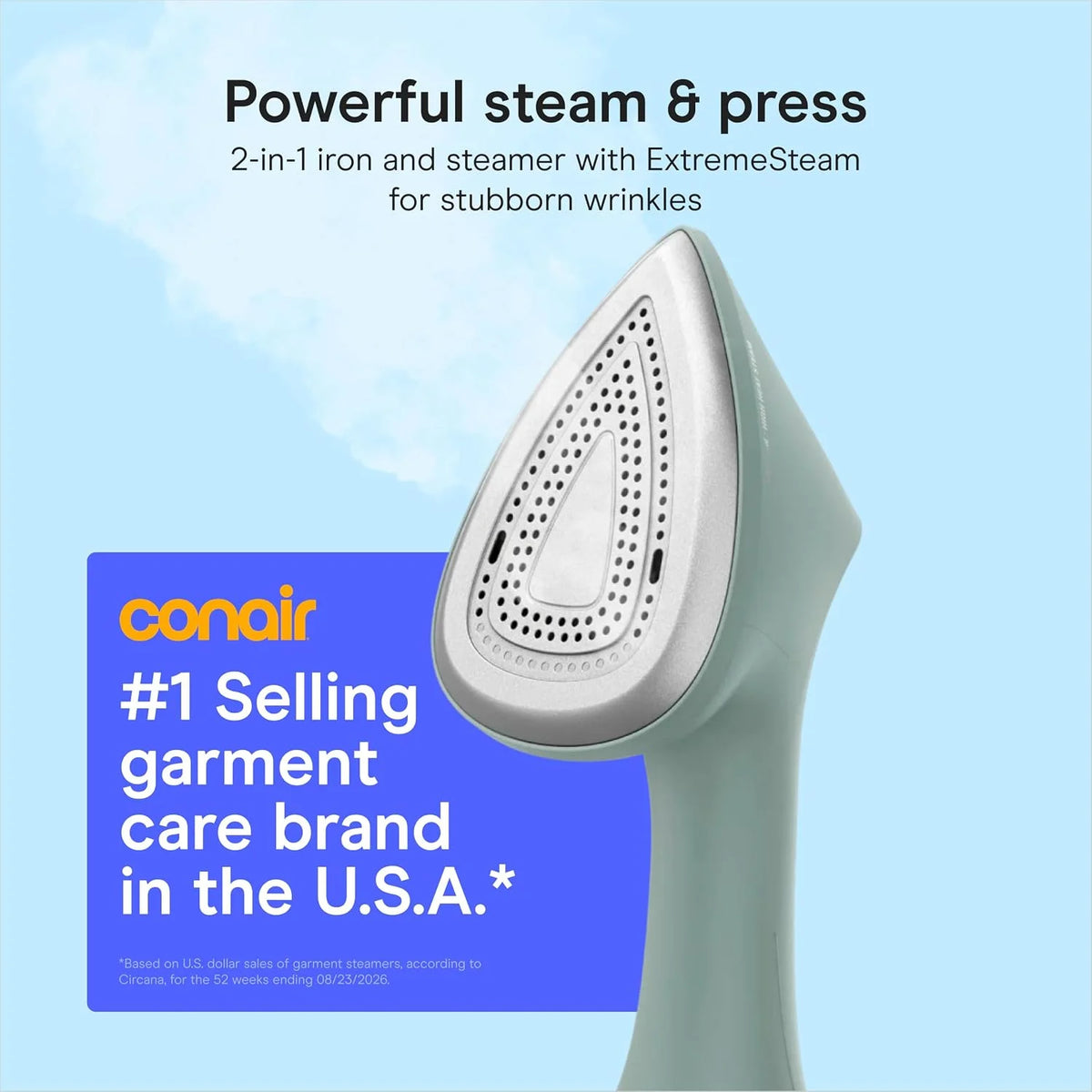 Conair 2-in-1 Iron and Garment Steamer, Aluminum Soleplate, 1700W, Green