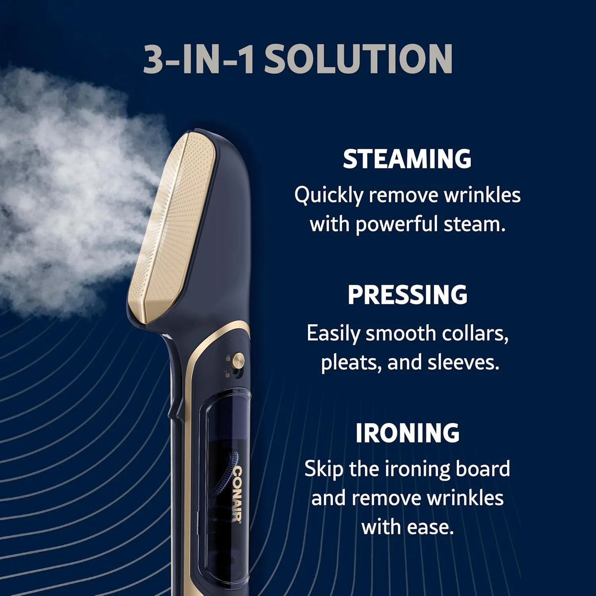 Conair SteamStylist 3-in-1 Steam Press and Iron Steamer for Clothes, Clothes Steamers for Clothes, Travel Steamer, Includes Fabric Shaver, Extra Water Tank and Storage Bag, Midnight Blue