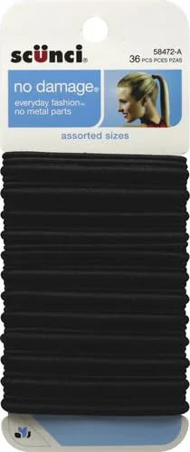 Scunci by Conair No Damage Assorted Sizes Elastics, for Women and Men, Elastic Hair Ties with No Damage in Black, 36 Pack