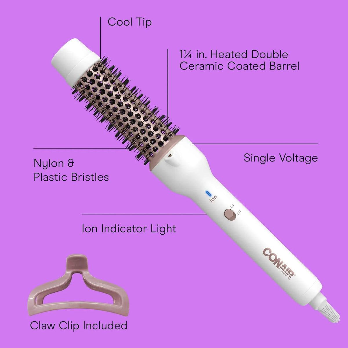 Conair Double Ceramic 1¼-Inch Thermal Brush, Heated Round Brush for Blowouts, Curls, and Waves, Ceramic Technology Eliminates Damaging Hot Spots for Smooth, Shiny Hair
