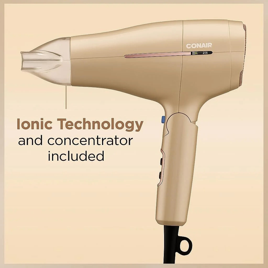 Conair 1875W Worldwide Travel Hair Dryer – Dual Voltage, Folding Handle, Ionic Technology – Champagne Compact Travel Blow Dryer for International Use