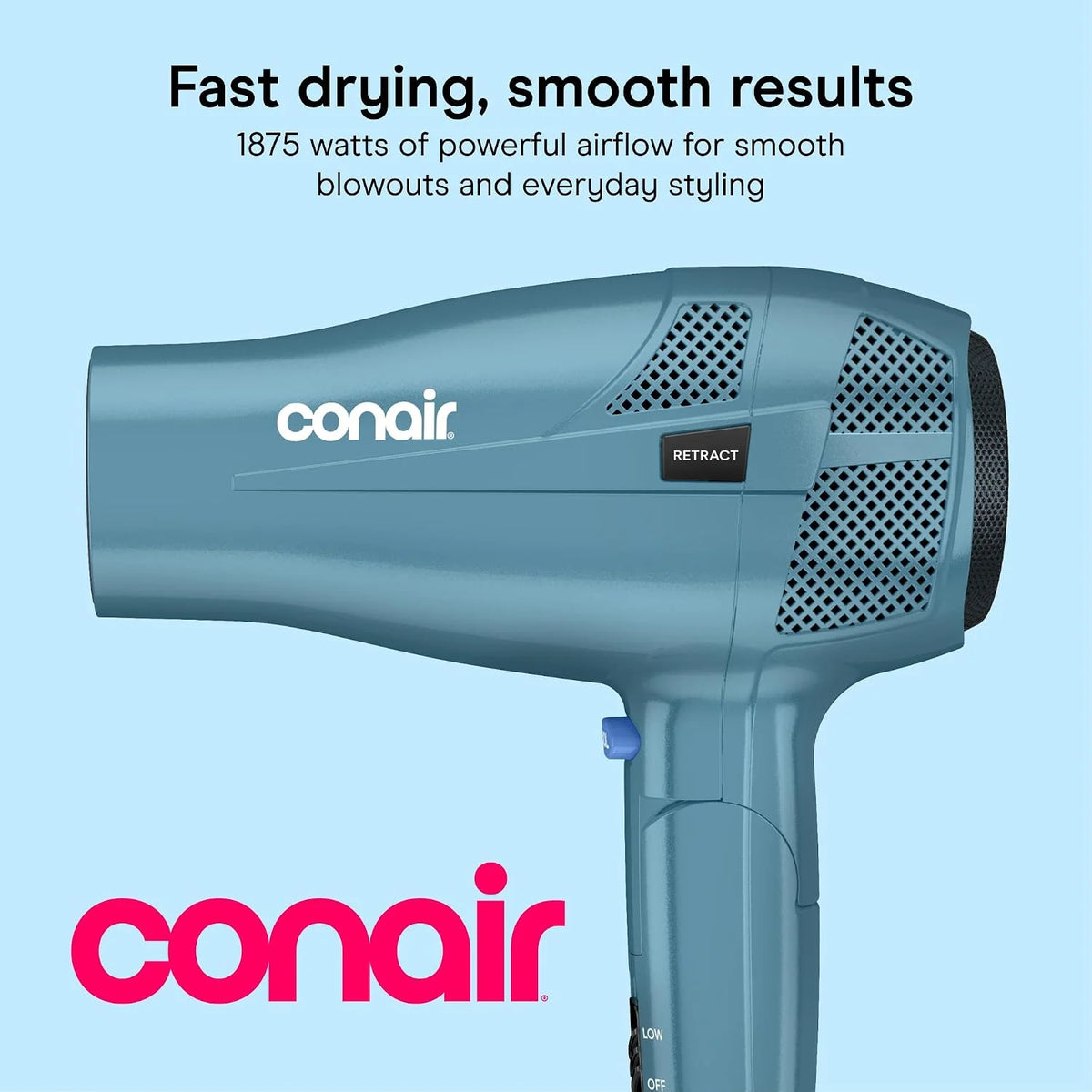 Conair Travel Hair Dryer, Dual Voltage, Folding Handle, 1875W, Blue