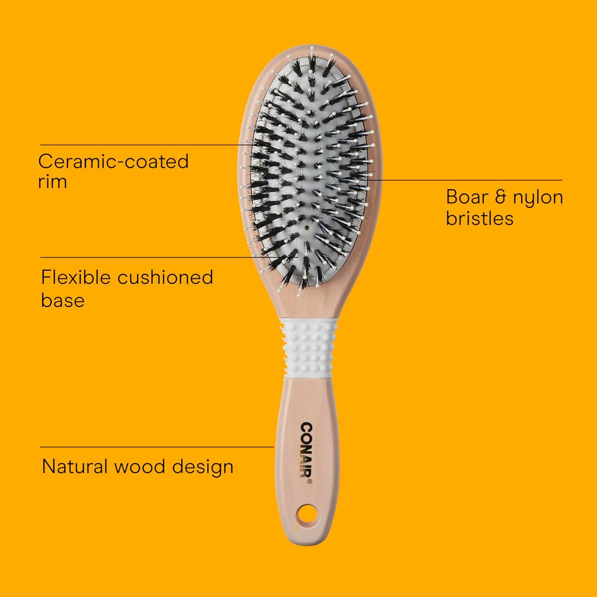CONAIR Ceramic Wood Nylon & Boar Bristle Cushion Hair Brush, hairbrush for women, reduce frizz and add shine, natural wood handle, for all hair types
