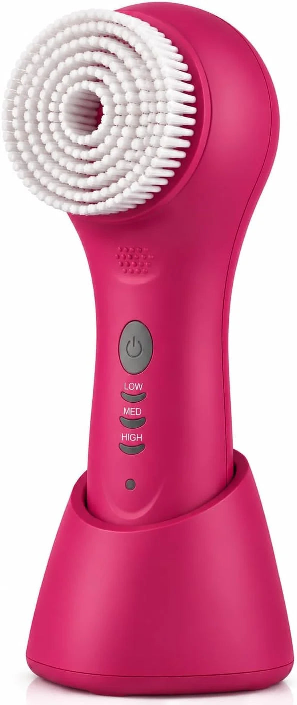 Conair True Glow Sonic Facial Cleansing Brush, Waterproof Rechargeable Face and Body Cleansing System with 3 Speeds, Automatic Timer, and Charging Stand - Pink (Model SFB3PK)