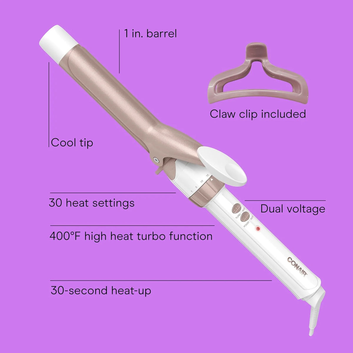 Conair Double Ceramic 1-Inch Curling Iron with Claw Clip, 1-Inch Barrel Creates Classic Curls, Hair Curler for Use on Short, Medium, & Long Hair, White/Rose Gold