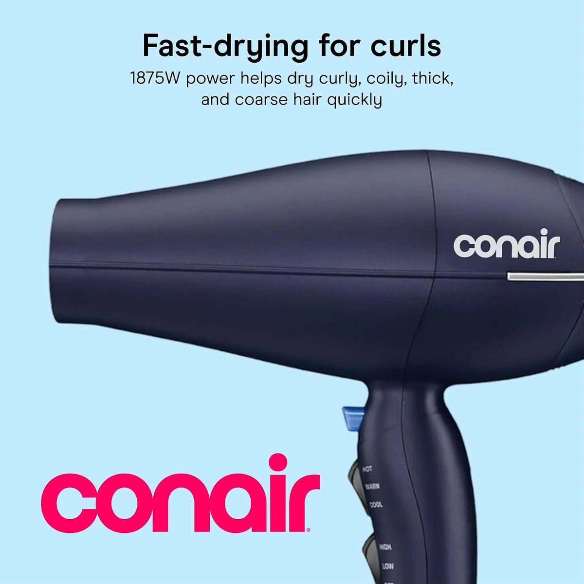 Conair Hair Dryer with Multi-Chamber Hair Diffuser Attachment, Dark Blue