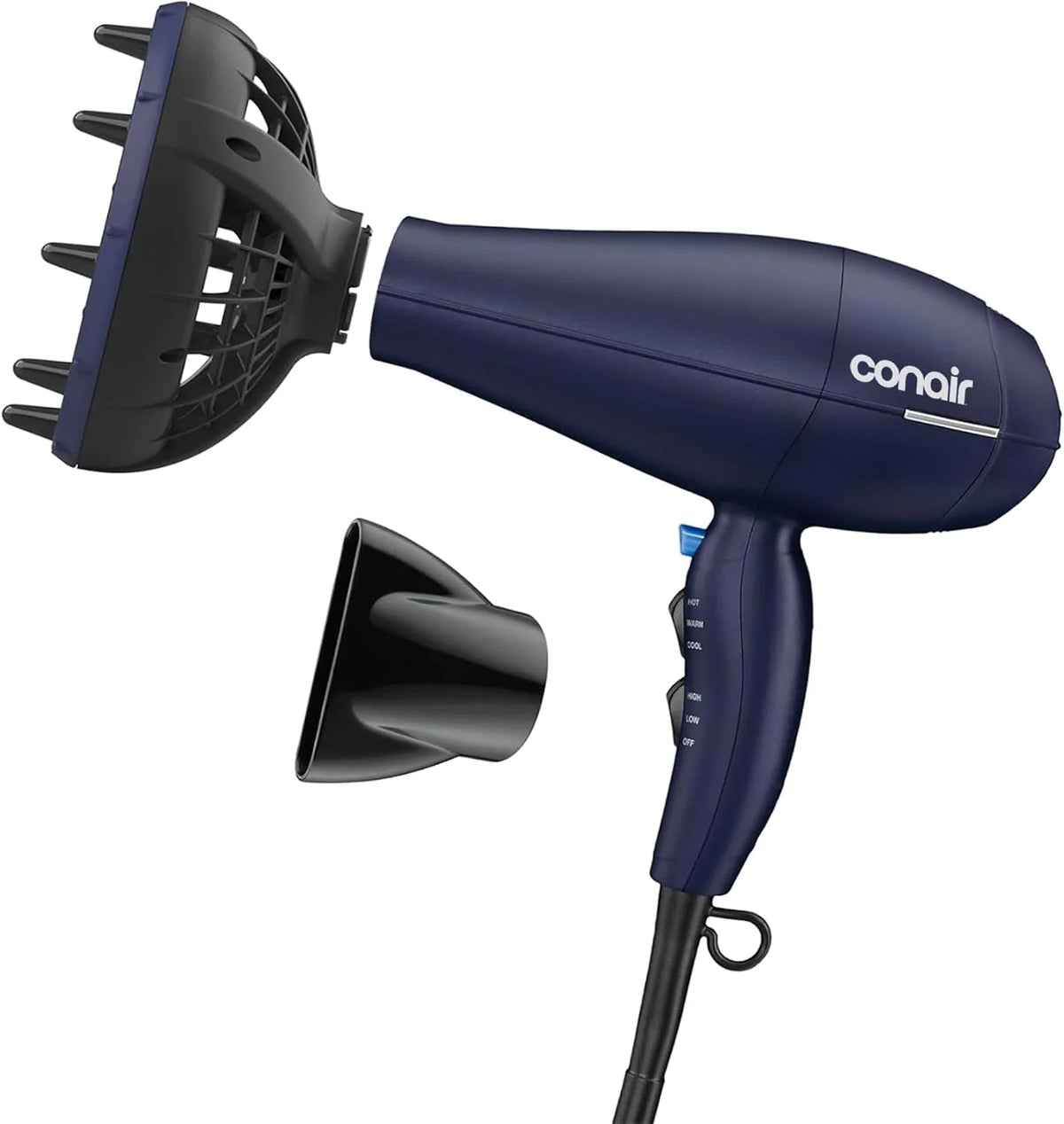 Conair Hair Dryer with Multi-Chamber Hair Diffuser Attachment, Dark Blue