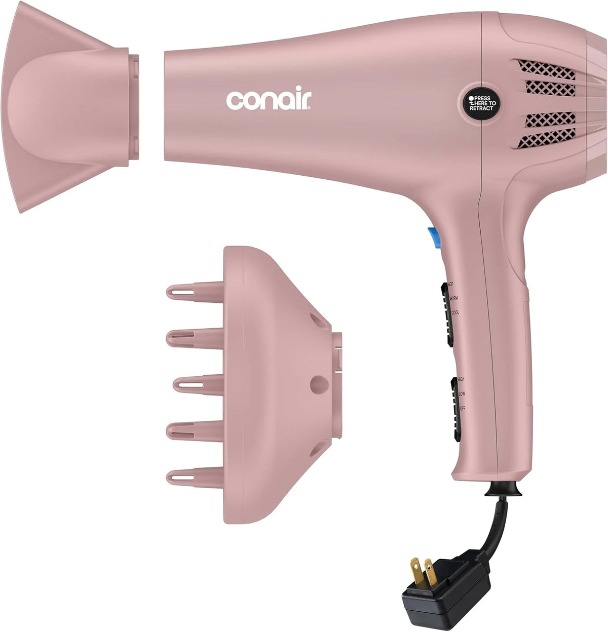Conair Hair Dryer with Diffuser & Concentrator, 1875W, Matte Light Pink