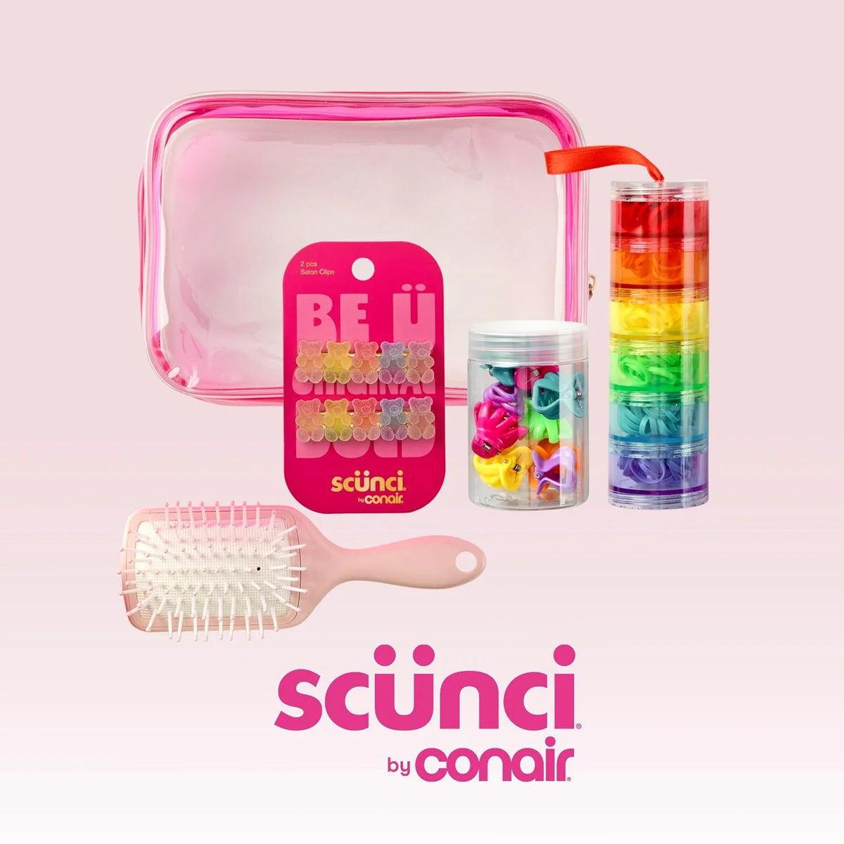 Scunci by Conair Hair Accessories Kit for Women, Hair Clips, Hair Ties & Mini Hair Brush Set, Travel Hair Essentials with Rainbow Polybands & Clear-Sided Storage Pouch, Pink