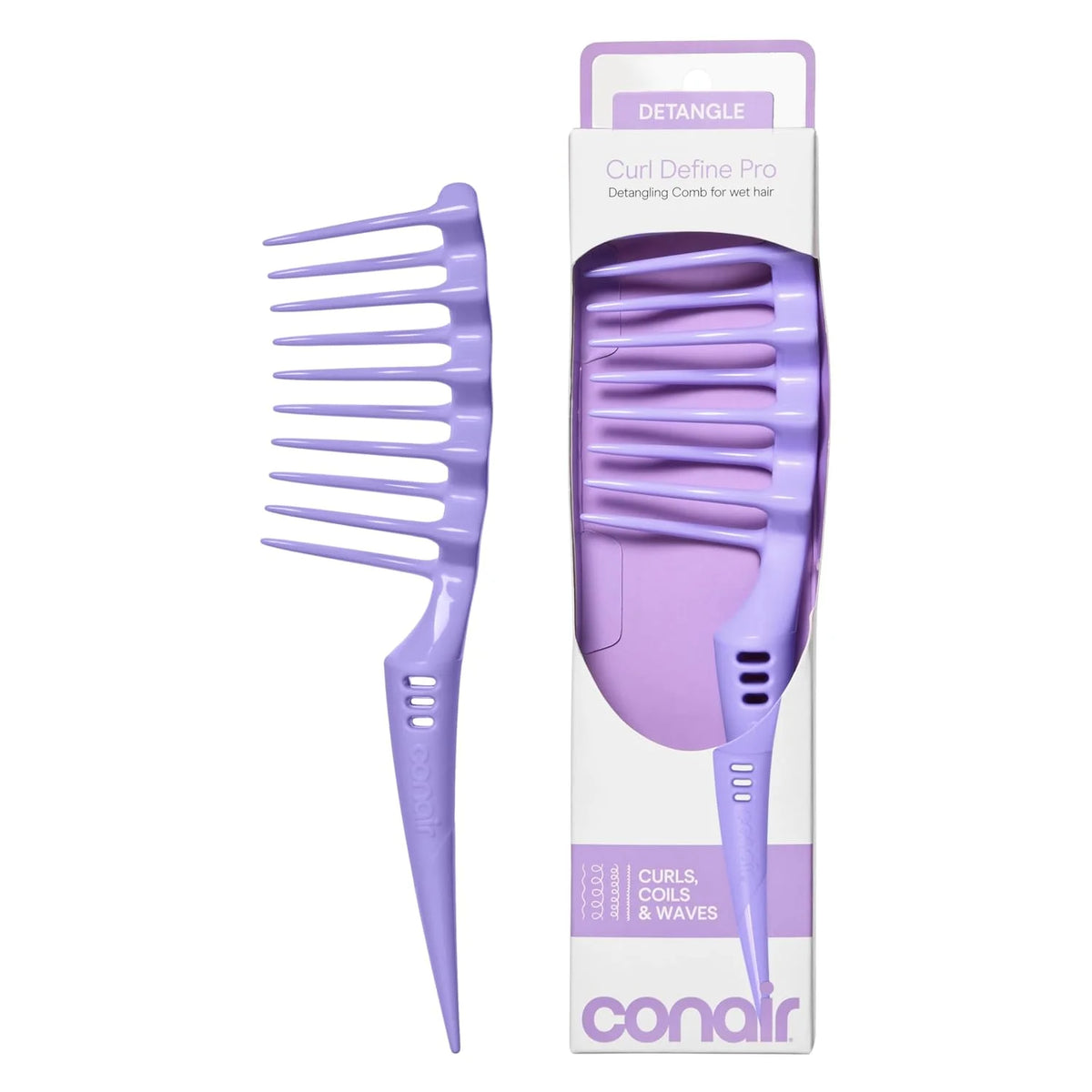 Conair Curl Define Pro Detangling Comb for Curly Hair, Coils & Waves, Gentle Knot Removal & Curl Definition, Wet or Dry Use, Purple
