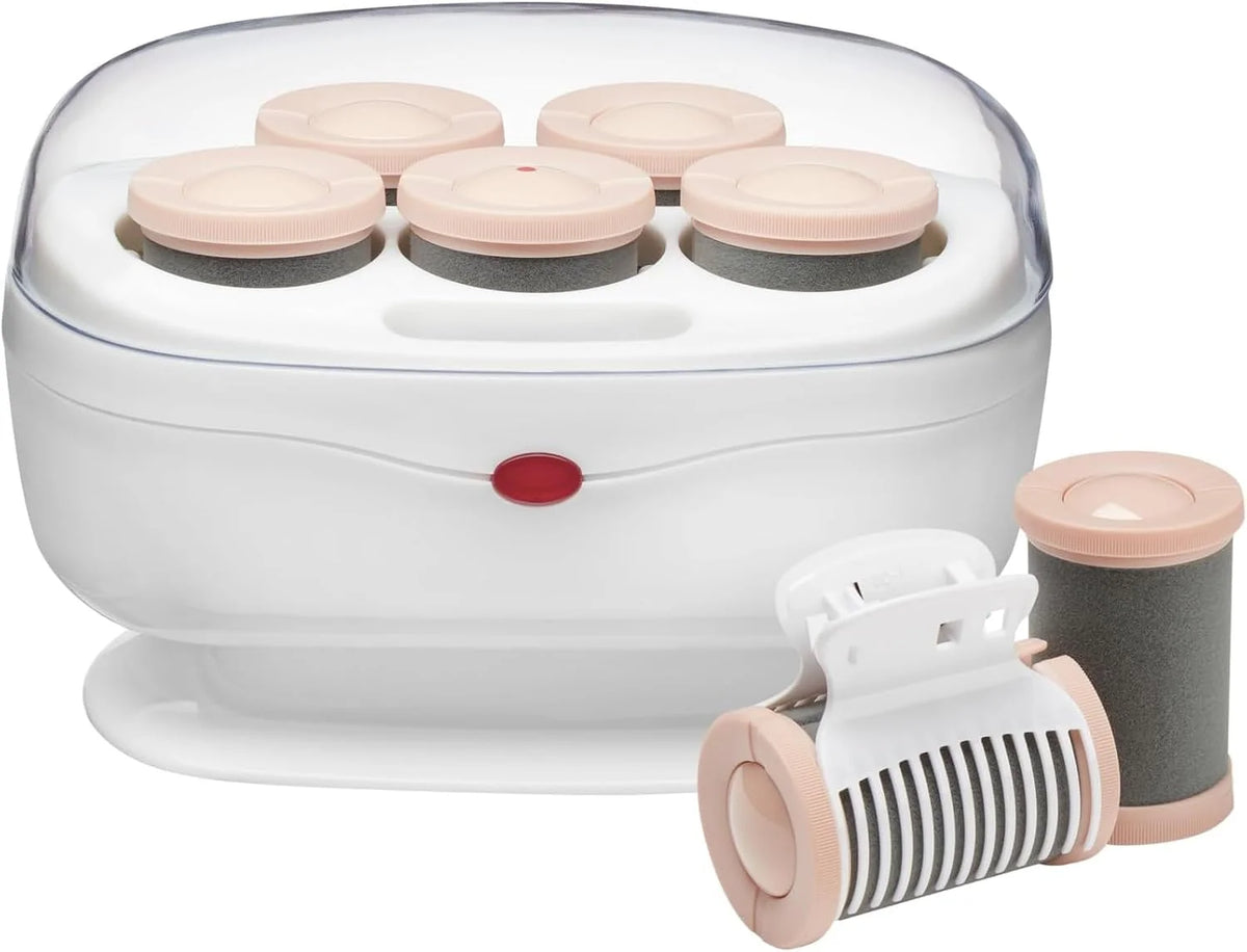 Conair Double Ceramic Hot Rollers for Long,Medium & Short Hair,5 Ceramic Flocked 1½-Inch Heated Hair Rollers with Clips,Hot Curlers for Women,Volume & Curls,Dual Voltage,Pink/White,(Pack of 6)
