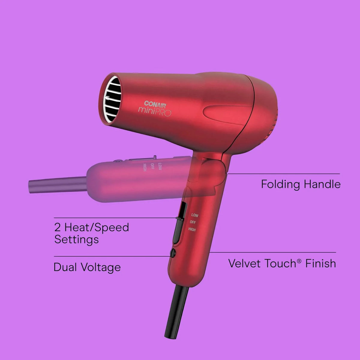 Conair Hair Dryer, Mini Pro, Travel, Folding Handle, Red