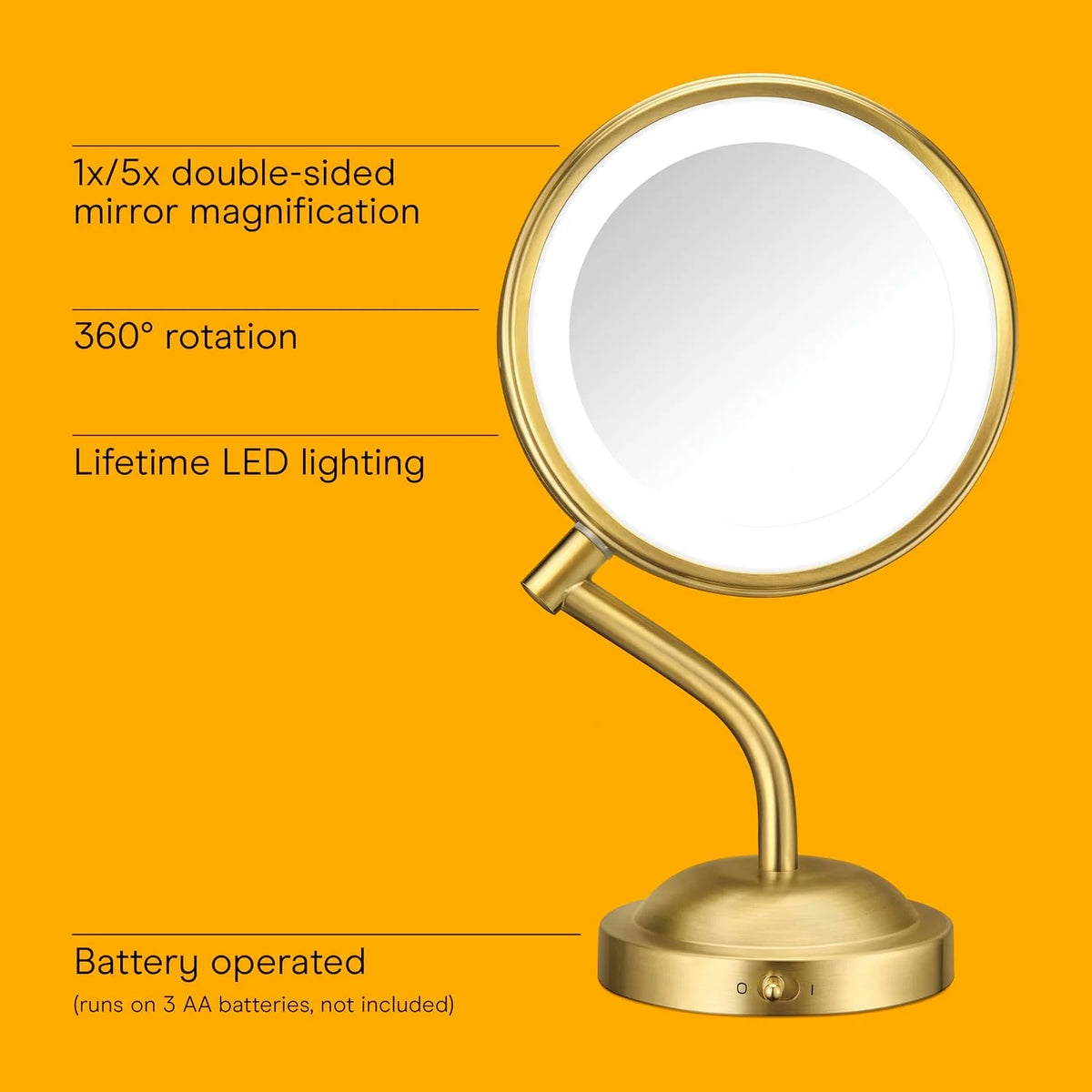 Conair Lighted Makeup Mirror, LED Vanity Mirror, 1X/5X Magnifying Mirror, Battery Operated in Brushed Brass