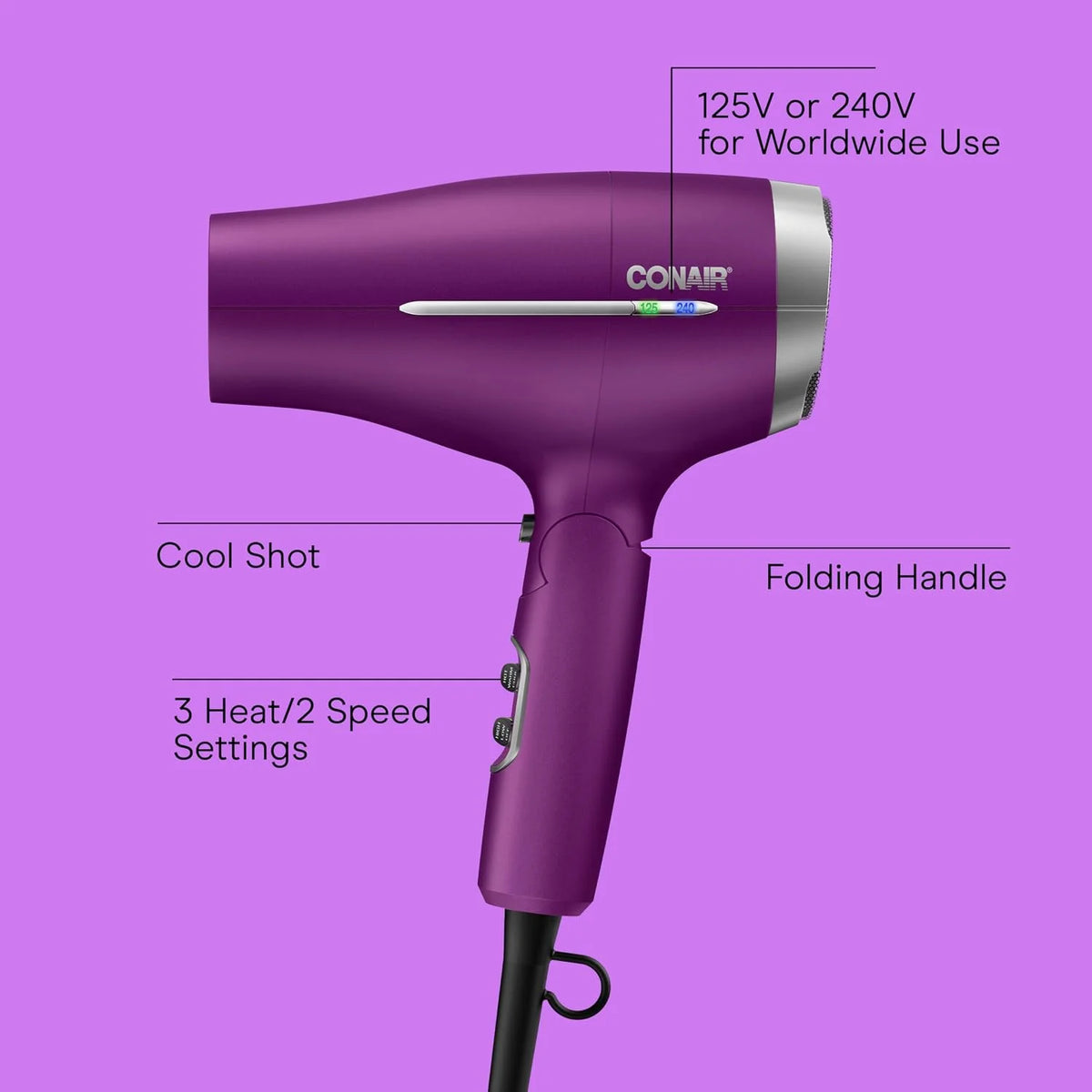 Conair Travel Hair Dryer, Double-Ceramic Design, Foldable Handle, Purple