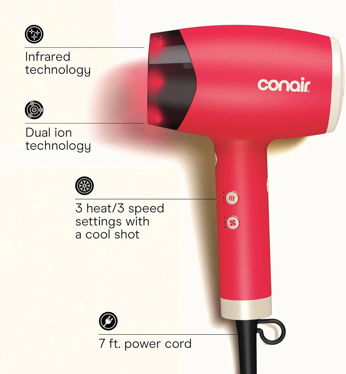 Conair InfinitiPRO Infrared Hair Dryer + Diffuser, Ionic Fast Drying, Berry