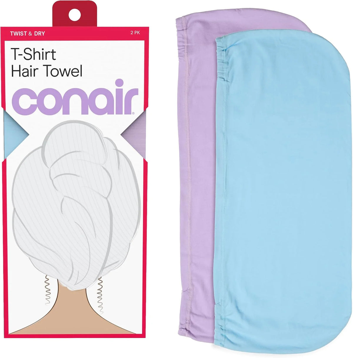 Conair T-Shirt Hair Towel 2 Pack with Anti-Frizz Cotton Jersey Fabric, Lightweight Quick Dry Hair Wrap for All Hair Types, Non-Terry Plopping Towel for Curly, Wavy & Textured Hair